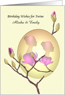 Birthday for Twins Ladies Silhouette Pink Magnolia Blooms Custom card