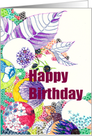 Birthday Hand Drawn Abstract of Leaves and Floral Spheres card