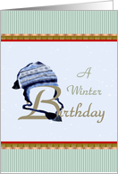 A Winter Birthday Woollen Hat and Falling Snow card