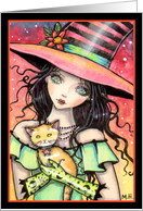 Witch with Peaches - Halloween Witch and Orange Tabby Cat card