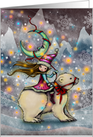 Little Christmas Elf Girl Riding Polar Bear Happy Holidays card