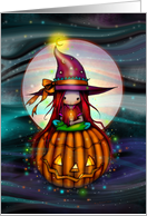 Halloween Night Cute Witch on Pumpkin Floating By Moon card