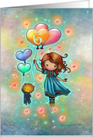 Six Year Old Birthday Little Girl with Kitty and Heart Balloons card