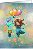 Seven Year Old Birthday Little Girl with Kitty and Heart Balloons card