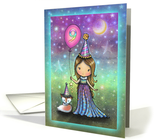 Sweet Birthday Girl with Cute Fox and Balloon for 9 Year Old card