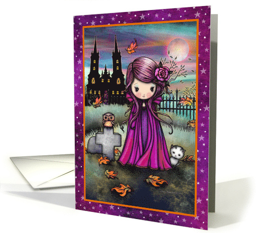 Violet Little Vampire with Haunted House Owl and Cat card (1743482)