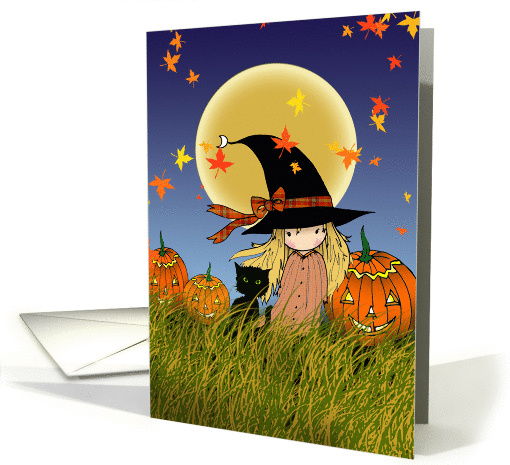 Halloween Witch Cat Pumpkins Harvest Moon card (855019)
