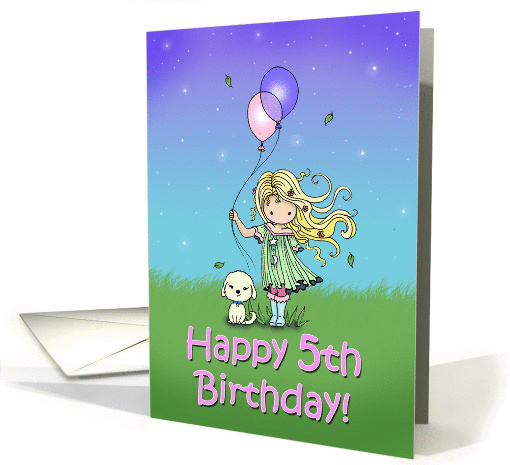 5 Year Old Birthday - Little Girl and Dog Holding Balloons card