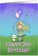 5 Year Old Birthday - Little Girl and Dog Holding Balloons card