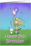 9 Year Old Birthday - Little Girl and Dog Holding Balloons card