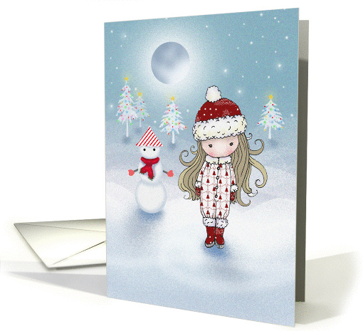 Christmas Card - Little Girl and Snowman on Magical Night card
