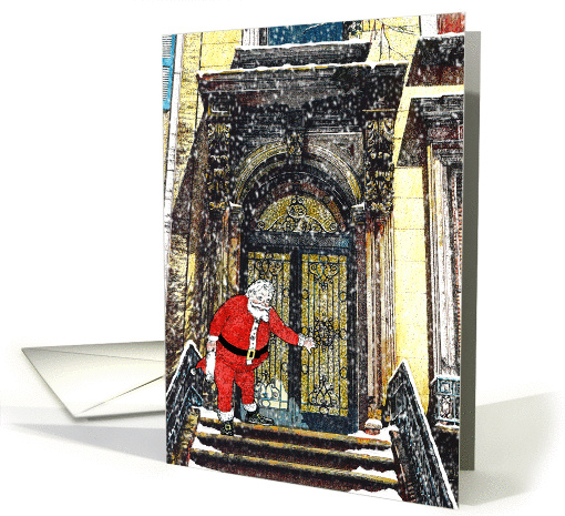 Santa Invites All, Christmas in Brooklyn, brownstone, snow card