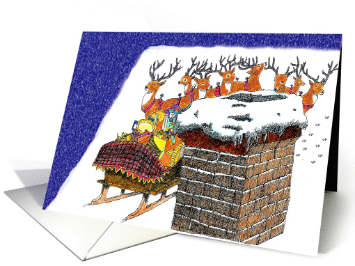 Reindeer on rooftop, sleigh with toys, snowy sky, chimney card