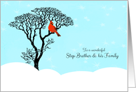 Christmas for Step Brother and his Family - Snow Scene, Red Cardinal in Tree card