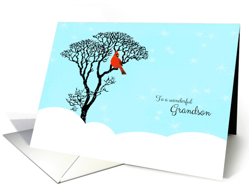 Christmas for Grandson - Snow Scene, Red Cardinal in Tree card