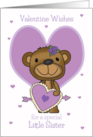 Little Sister Valentine’s Day Teddy Bear and Purple Hearts card