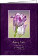 Happy Easter for Stepsister ~ Pink Ribbon Tulips card