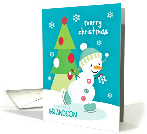 Merry Christmas for Grandson Ice Skating Snowman card (1389386)