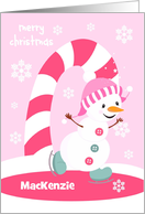 Merry Christmas for Girls Custom Name Ice Skating Snowman card
