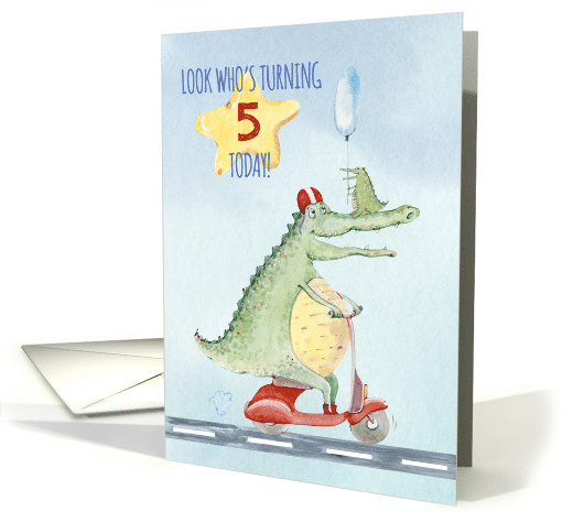 Happy 5th Birthday for Boys Crocodile Riding a Scooter card (1488470)