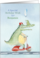 Happy Birthday Custom Name for Boys Crocodile Riding a Scooter card