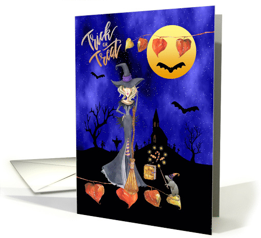 Halloween Witch with Broomstick Trick or Treat Mouse with Wand card