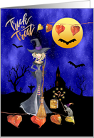 Halloween Witch with Broomstick Trick or Treat Mouse with Wand card