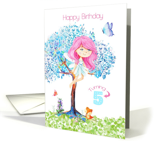 Happy 5th Birthday for Girl Cute Fairy Fox and Butterflies card