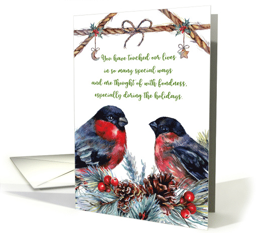 Merry Christmas Bullfinches Pinecones Holly Berries and Ornaments card