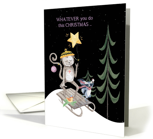 Cute Monkey Raccoon and Bird Sledding Christmas card (1505166)