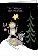 Cute Monkey Raccoon and Bird Sledding Christmas card