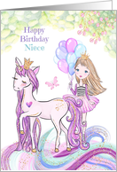 Happy Birthday for Niece Princess with Unicorn, Balloons and Butterfly card