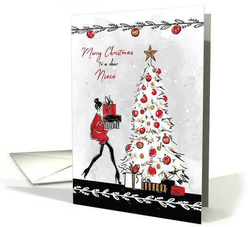 Christmas for Niece Stylish Lady with Gifts and Christmas Tree card