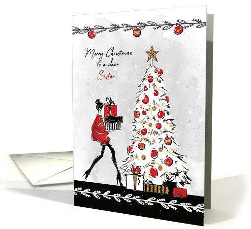 Christmas for Sister Stylish Lady with Gifts and Christmas Tree card