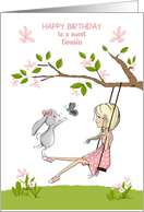 Happy Birthday Cousin Girl on Swing, Bunny and Butterfly card