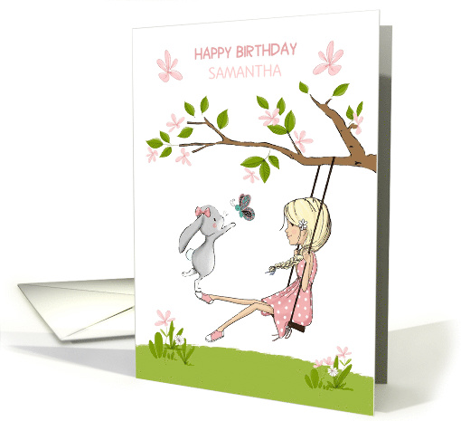 Happy Birthday Custom Name, Girl on Swing, Bunny and Butterfly card