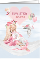 Birthday Custom Name for Girl Ballerina, Unicorn, Rabbit with Balloons card