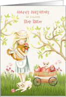Happy Birthday Step Sister, Girl with Rooster, Kitten and Dog card