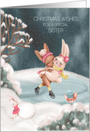 Christmas for Young Sister Bunnies Ice Skating on Winter Pond card