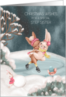 Christmas for Young Step Sister Bunnies Ice Skating on Winter Pond card