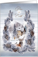 Peace on Earth Christmas House with Deer and Winter Snow Scene card