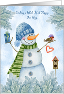 Christmas Snowman with Bird Birdhouse Heart Gift and Greenery card