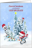 Christmas for Young Step Brother Penguins Ice Skating Decorating Trees card