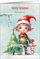 for Young Grandson Christmas Elf Tree and Little Reindeer card