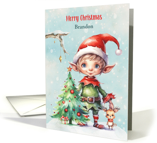 Christmas for Kids Custom Name Elf Christmas Tree Little Reindeer card