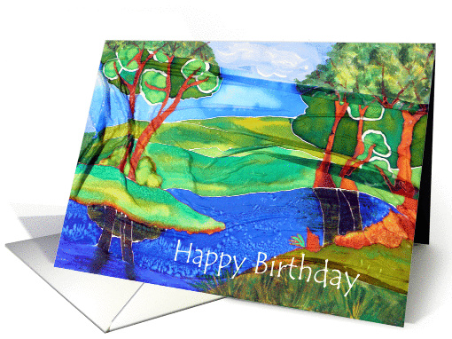 Happy Birthday, painted silk landscape with water and trees card