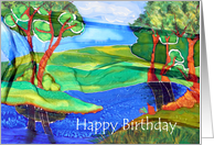 Happy Birthday, painted silk landscape with water and trees card