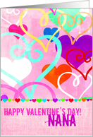Brightly colored & textured Valentine’s Day Hearts on Pink for Nana! card