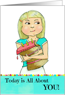 Cute Birthday Girl Eating Cake with Full Cheeks! card