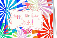 Happy Birthday Judy, fun font and pinwheels! card